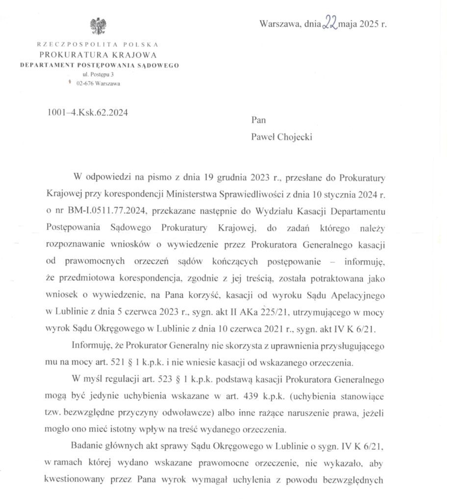 Prokuratura Krajowa, odpowiedź na wniosek o kasację, pastor Paweł Chojecki, strona 1