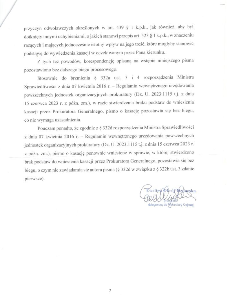 Prokuratura Krajowa, odpowiedź na wniosek o kasację, pastor Paweł Chojecki, strona 2